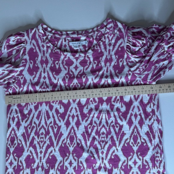 Chicos Ikat‎ Puff Sleeve Slub Tee Size 1 Medium Purple Pink Resort Boho Vacation - Picture 9 of 9